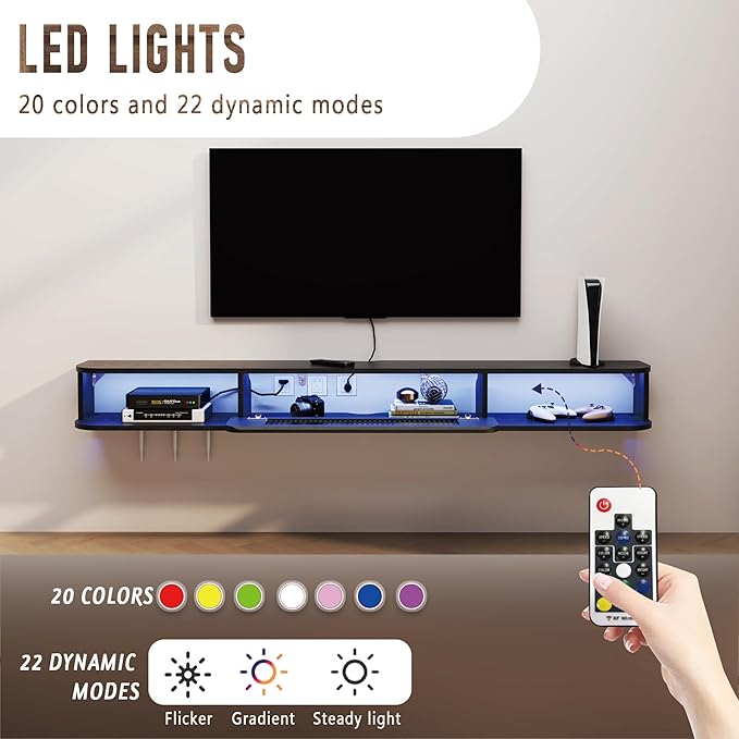 Floating TV Stand with LED Lights, 47'' Solid Wood Wall Mounted TV Cabinet with Glass Door, Mid-Century Entertainment Media Console Center Large Storage Shelf Under TV (47.24IN, Black)