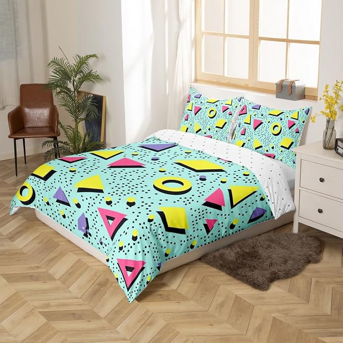 Retro 80s Style Bedding Set Twin,Abstract Geometric Pattern Duvet Cover Urban Modern Design with Circles and Triangle Comforter Cover Colorful Pop Art Inspired Pattern Quilt Cover for Boys Child