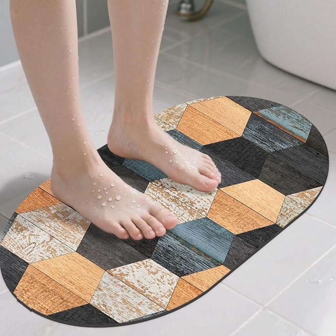 Bathroom Rug Mat Colorful Weathered Hexagonal Wood Oval Bath Mat Doormat Absorbent Quick Dry Non Slip Diatom Mud Mat for Shower Tub Sink Laundry Kitchen Doorway 23.6x15.7 Inches