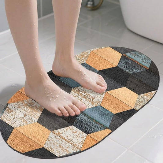 Bathroom Rug Mat Colorful Weathered Hexagonal Wood Oval Bath Mat Doormat Absorbent Quick Dry Non Slip Diatom Mud Mat for Shower Tub Sink Laundry Kitchen Doorway 23.6x15.7 Inches
