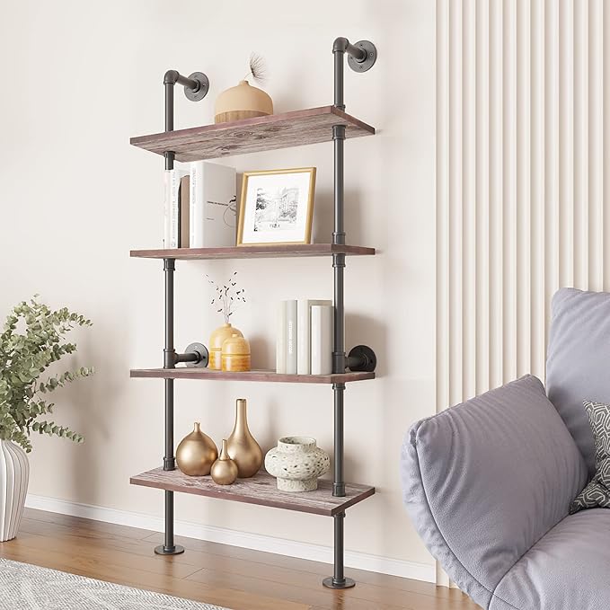 Yuanshikj 4 Tier Industrial Pipe Solid Wood Ladder Shelf/Shevles/Shelving Bookshelf/Bookcase Metal Iron Planks Rustic Wall Mounted for Living Room Decor Storage (4 Tier with 24" Solid Wood)