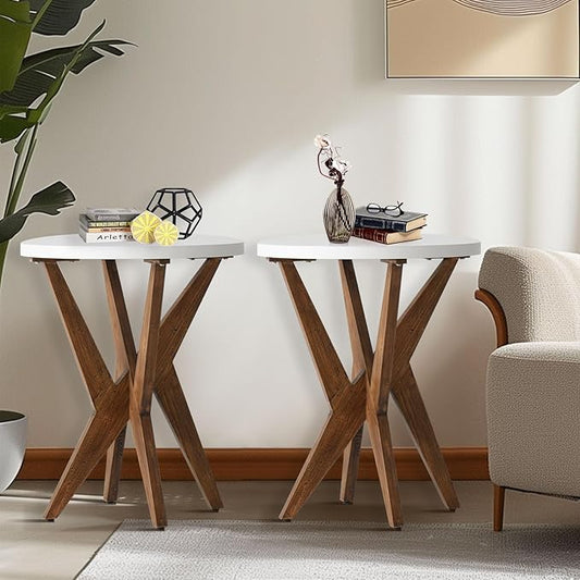 Farmhouse Round End Table Set of 2 with MDF Top and Crossed Legs, Boho Small Side Table for Living Room, Balcony, Small Spaces, Easy Assembly Bedside Table