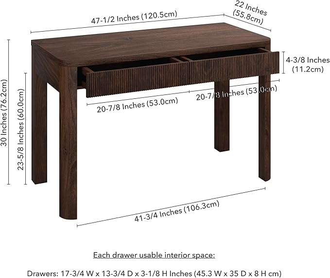 Henn&Hart 48" Fluted Modern Rectangular Home Office Desk Computer Desk Writing Table with 2 Ribbed Storage Drawers for Bedroom, Living Room, or Home Office, Rich Brown