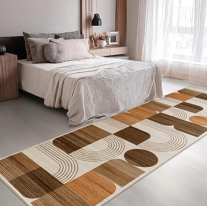 Machine Washable 2.7x8 Runner Rug, Soft Modern Geometric Abstract Orange Rugs for Bedroom Living Room, Non-Shedding Faux Wool Indoor Throw Floor Carpet for Office Entryway Dining Room Decor