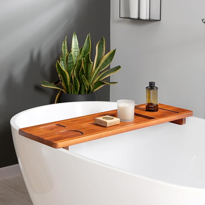 Teak Bathtub Tray Caddy - 29" Wide Adjustable Bathtub Table for Freestanding Tubs, Non-Slip Design with Phone/Wine Holder, Natural Bath Spa Essentials