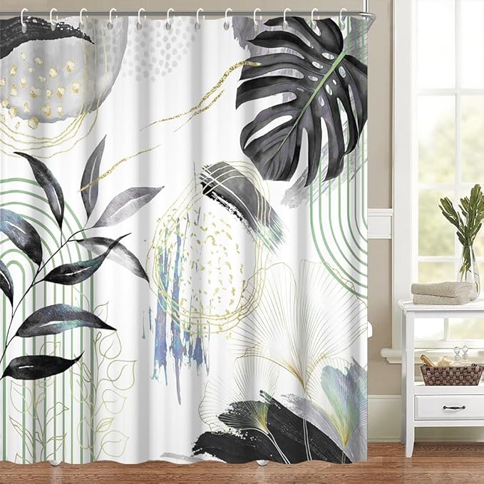 Mid Century Boho Shower Curtain Gray Tropical Palm Leaf Retro Abstract Minimalist Aesthetic Bathroom Decor Watercolor Plant Bathtub Curtains Washable Waterproof Polyester Fabric with Hooks 72x78 Inch