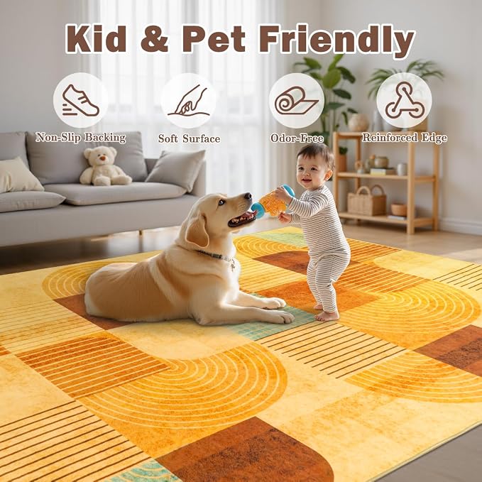 6x9 Area Rugs for Living Room, Soft Modern Geometric Rug for Bedroom, Washable Non-Slip Indoor Floor Abstract Carpet for Dining Room Nursery Home，Multi/Orange