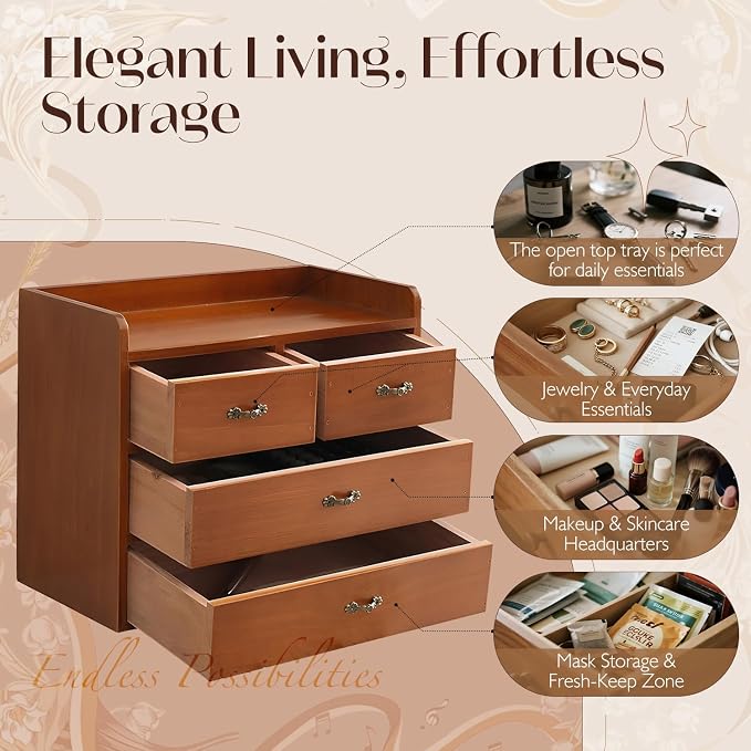 Vintage Wooden Desk Organizer with 4 Drawers — Small Wood Desktop Storage Cabinet for Jewelry, Makeup, Office Supplies & Accessories - Rustic Mini Drawer Chest for Clutter-Free, Desk Zen