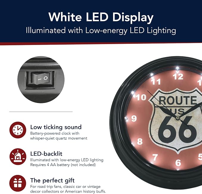 American Art Decor Route 66 LED Wall Clock - 12" Vintage Americana Modern Decor, Battery‑Operated Quartz, Retro Shield for Living Room, Garage, Mancave, Office (Red/Off‑White/Black)