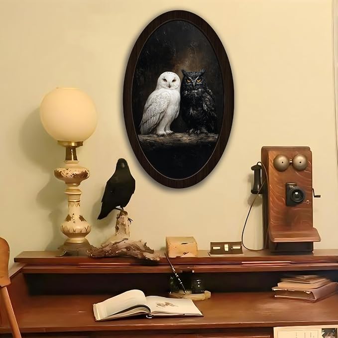 UYIKG Vintage Gothic Owl Oval Wall Art, Rustic Farmhouse Cottagecore Dark Owl Oval Wall Decor, Farmhouse Country Wooden Framed Decor for Home Bedroom Living Room 9x14.6 in