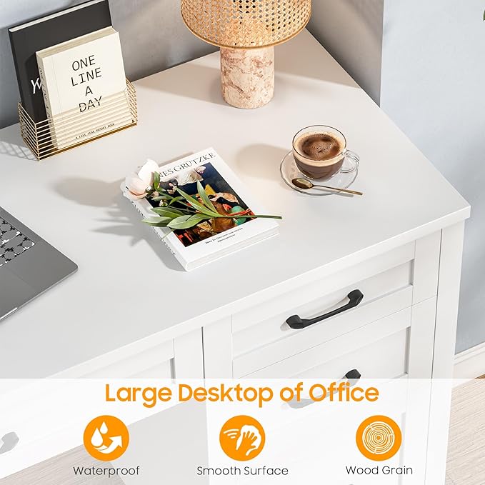 Vabches Farmhouse 47" Executive Desk, Computer Desk with File Drawer and Charging Station, Workstation for Home Office, Study.Cream White