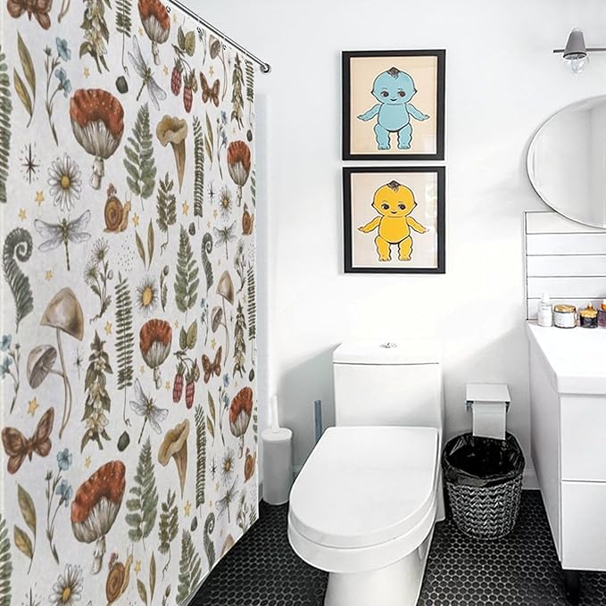 Mushroom Shower Curtain for Bathroom, Farmhouse Country Wild Floral Daisy Botanical Mushroom Cottagecore Nature Plants Herbs Retro Waterproof Fabric Shower Curtain Set with Hooks, 72"x72" Inch