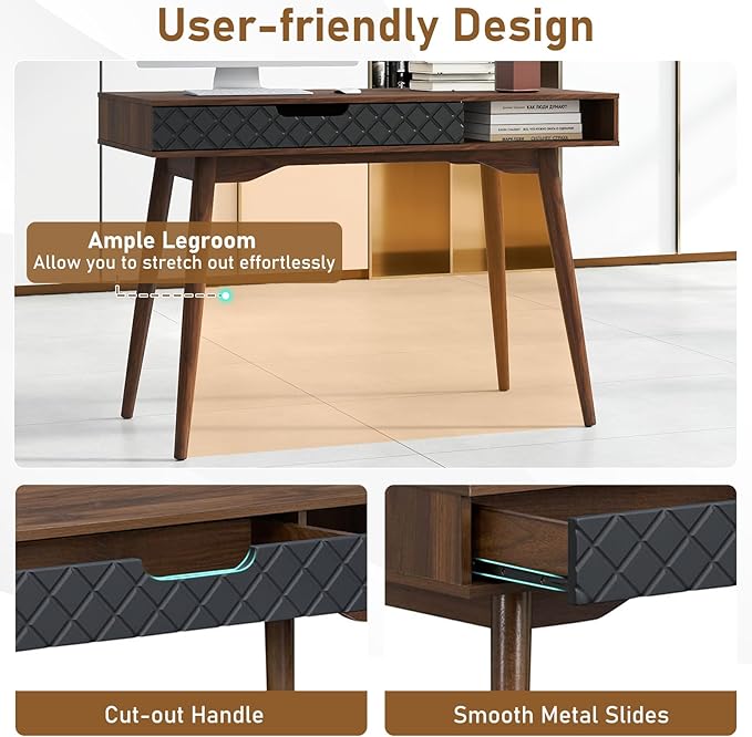 Tangkula Mid Century Modern Desk, Home Office Standing Desk w/Drawer & Open Compartment, Computer Desk Work Study Table, Vintage Writing Desk Wooden Workbench for Bedroom/Living Room