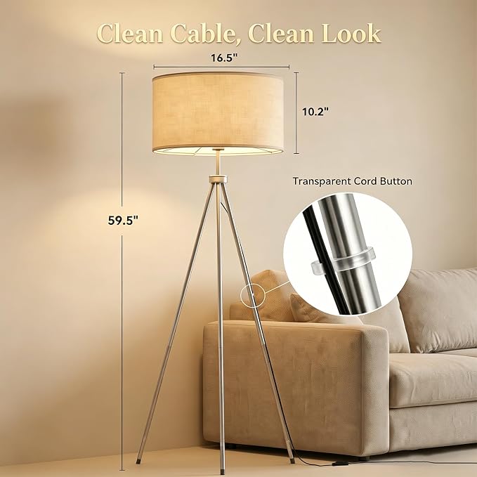 JOOFO Modern Metal Tripod Floor Lamp with Remote Control Tall Standing Decorative Corner Lamp with Oversized Linen Fabric Shade, Foot Switch for Living Room Bedroom Reading Nook Decor, Satin Nickel