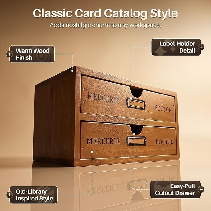 Flexzion Wood Desk Organizer with 2 Drawers, Vintage Desktop Drawers Cabinet for Office Supplies, Home Workspace, Countertop, Vanity, Craft Tools & Mail, No Assembly Required