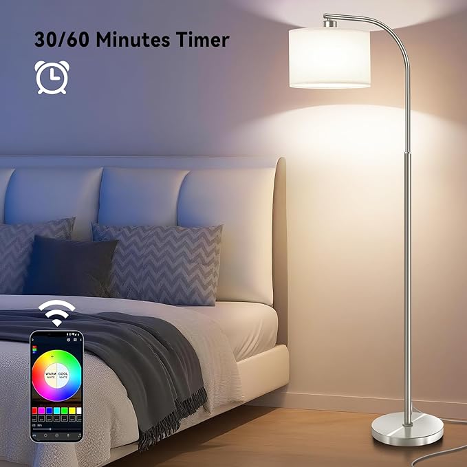 Floor Lamp for Living Room with Remote,Dimmable Standing Lamps,Modern Tall Floor Light with Smart RGB Bulb,App Control,3 Color Temperatures,Fabric Shades,Silver Floor Lamp for Bedroom Corner
