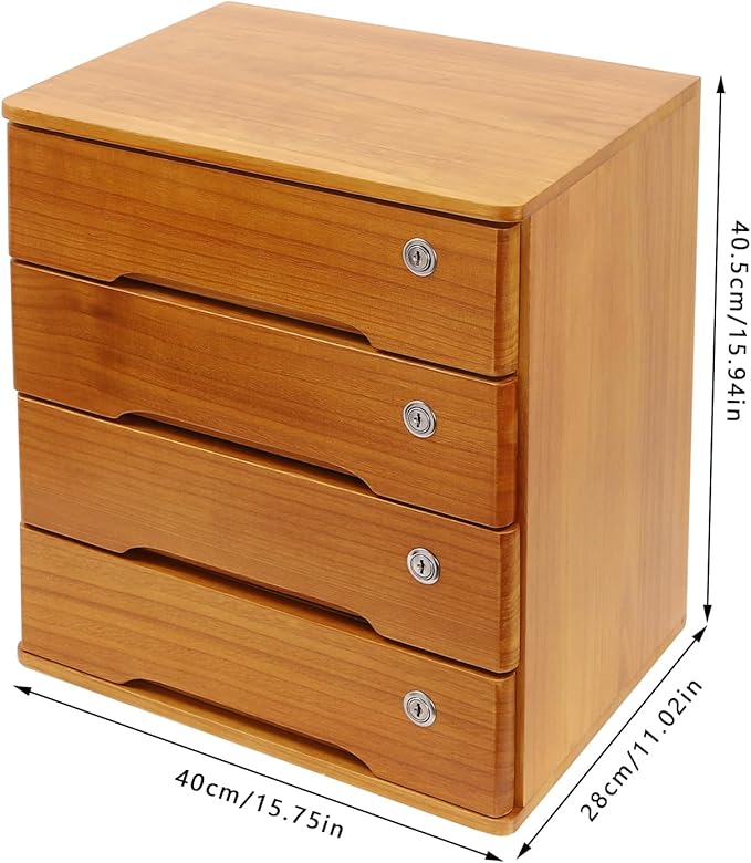 Desktop File Organizer with Lock, 2/3/4 Tier Multi-Drawer Wooden Storage Cabinet, Office Supply Organizer for Home Desk, Study & Workplace (Brown, 4 Layers)