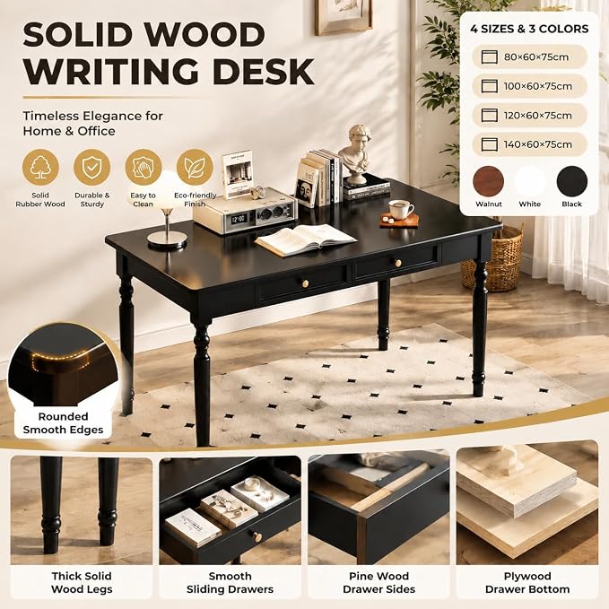 Walnut Writing Desks with Drawers, 47" Solid Wood French Country Style Computer Desk for Home Office, Living Room Study Workspace or Bedroom, Traditional Vanity Dressing Table