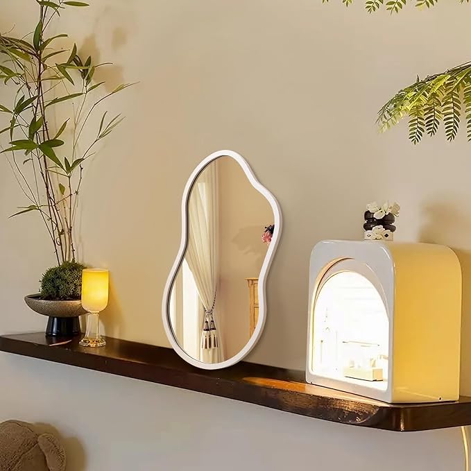 AAZZKANG Small Wall Mirror with Irregular Wood Framed Decorative White Mirrors for Bedroom Dressing Room Living Room Bathroom Entryway