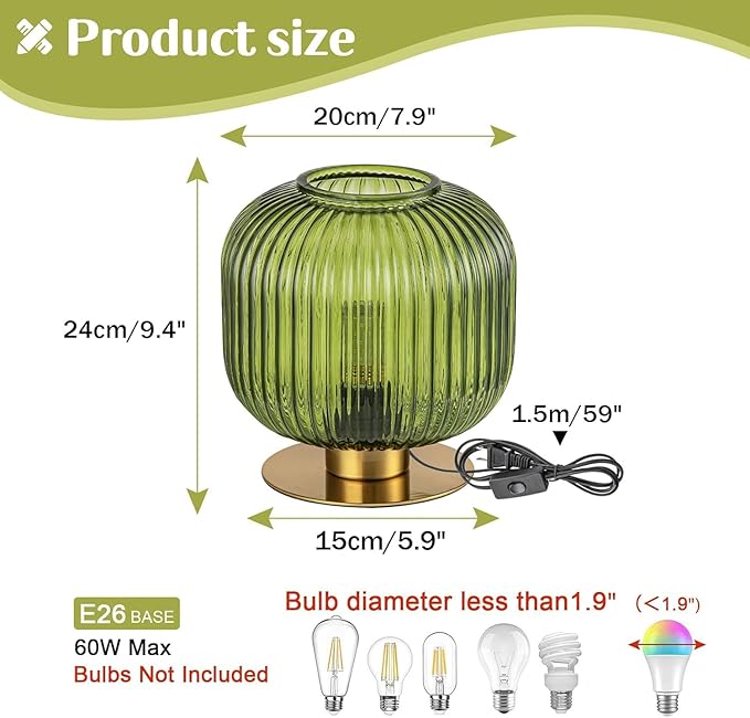 Green Table Lamp Glass Globe Table Lamp Mid Century Modern Small Bedside Lamp Gold Nightstand Lamp Vintage Decorative Brass Desk Lamp for Bedroom Living Room Study Corner Bookshelf (Set of 2)