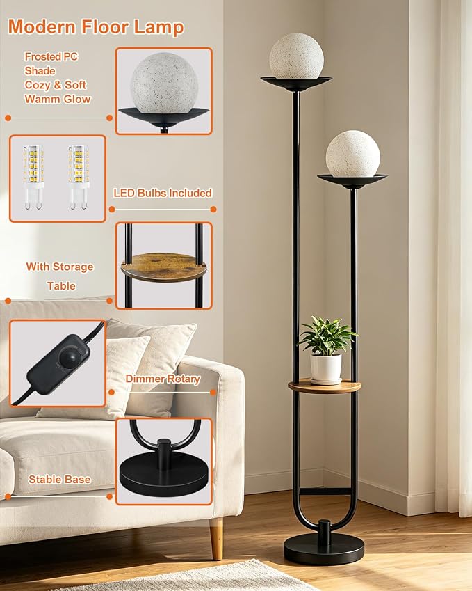 Lightdot 63IN Black Floor Lamp with U Pole, 2 Globe Mid Century Standing Lamps Dimmable with 3000K Warm White LED Bulbs& Grey Shade, Unique Vintage Tall Floor Lamp for Living Room/Wedding/Party