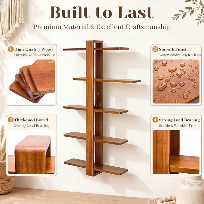 Pinkunn Floating Shelves for Wall, 5 Tier Wall Mounted Shelf Unit with 19.7 Inch Pine Wood Shelves and Walnut Frame, Decorative Plant Photo Book Display Shelf for Living Room Bedroom Bathroom