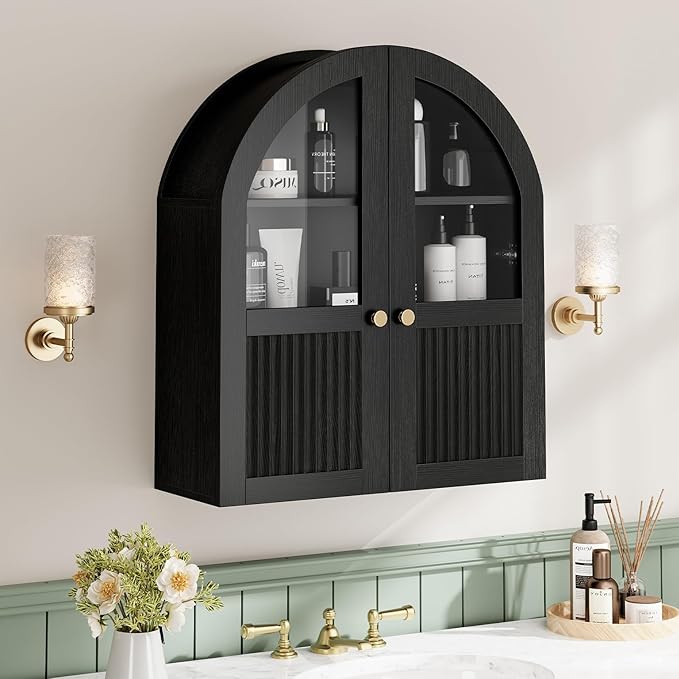 Arched Bathroom Wall Cabinet, 24 x 28 Inch Over The Toilet Storage Cabinet with Glass Door, Fluted, Adjustable Shelf, Wall Mounted Floating Wooden Medicine Cabinets for Bathroom Laundry Room, Black