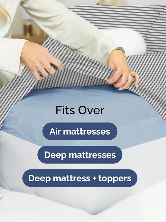 Extra Deep Split King Sheet Set - 7 Piece Breathable and Cooling Sheets - Hotel Luxury Bedding for Women, Men, Kids & Teens - Secure Fit - Soft and Wrinkle Free with Extra Deep Pockets - Grey Stripes