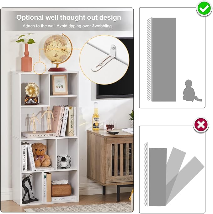 VECELO 42 Inch High Bookcase, 4-Tier Modern Storage Cabinet with Height Difference Shelves for Standard Textbooks, Floor Standing Display, 7 Cubes, Horizontal Avaiable, Easy Assembly, Pearl White