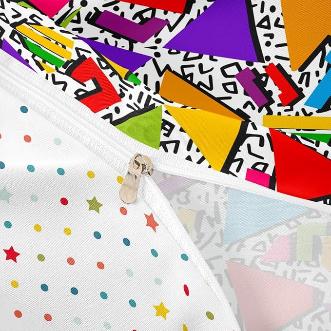 80s 90S Fashion Style Bedding Set Queen Size,Retro Memphis Style Pattern with Geometrical Shapes Duvet Cover for Kids Child,Funky Hipster Old Fashioned Comforter Cover Geometric Bedroom Decor