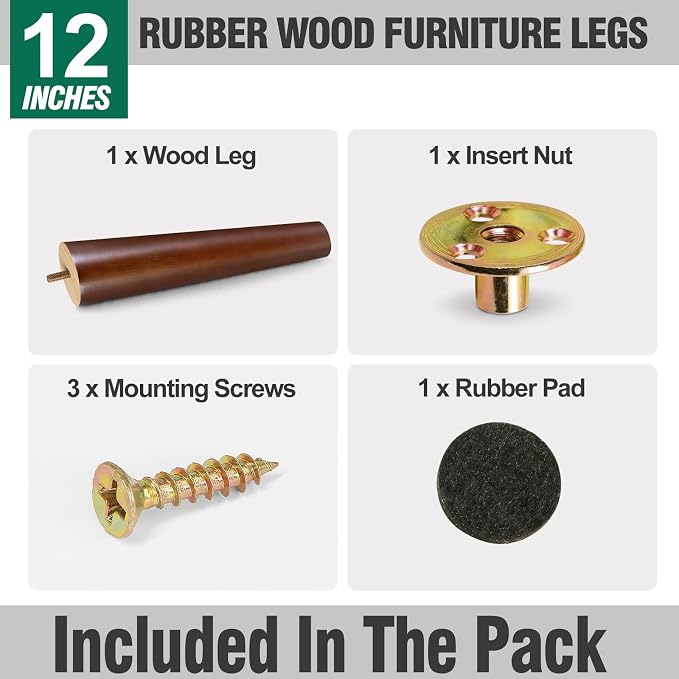 FoDau770 Brown Rubber Wood Furniture Legs 12 Inches, 5/16" UNC Slant Tapered Wood Feet Mid Century Sofa Legs, Wooden Furniture Feet Replacement Parts for Cabinet Couch Dresser Chair Ottoman Table