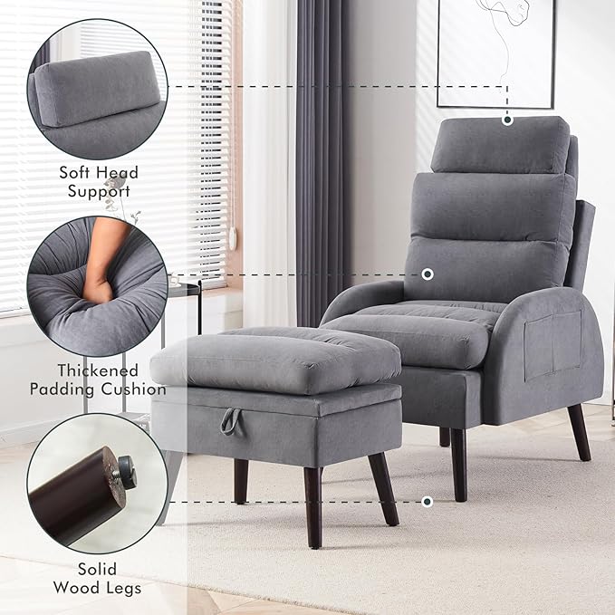 HCHAIRH Accent Chair with Ottoman, Comfy Reading Chair and Ottoman Set, Modern Oversized Velvet Lounge Armchair with Adjustable Backrest for Living Room Bedroom, Velvet Dark Grey