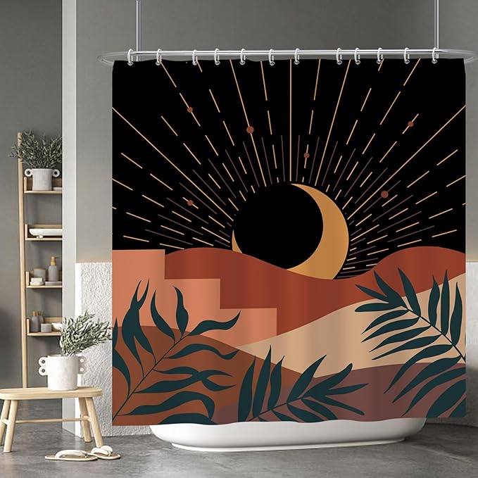 Baocicoo Boho Abstract Moon Shower Curtain - Mid Century Sunset Mountain Design, Minimalist Aesthetic, Waterproof, 72x72 Inches