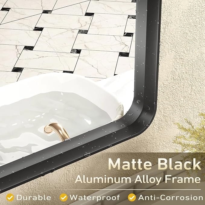 16x24 Inch Black Metal Framed Bathrrom Mirror for Wall, Matte Black Rectabgle Mirror, Rounded Corner, Anti-Rust, Hangs Horizontally or Vertically