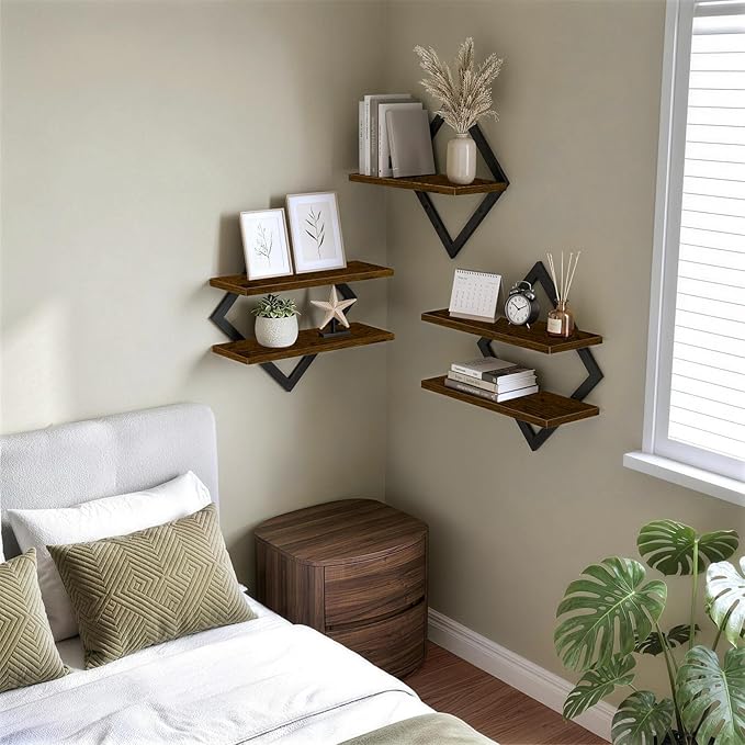 Geometric Floating Shelves Set of 3, Decorative Rustic Wall Shelves for Living Room, Bedroom & Bathroom, Wood & Metal Farmhouse Wall Mounted Display Shelves for Plants, Picture Frames & Small Decor