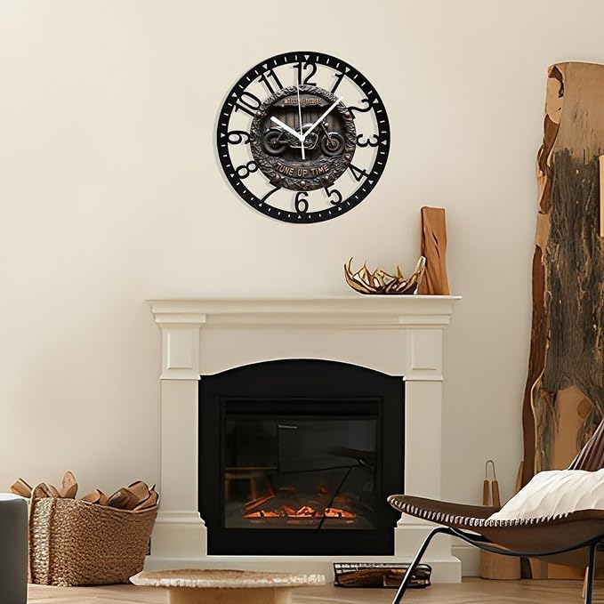Metal Wall Clock for Living Room -10" Motorcycle Wall Decor Garage Art Vintage Bike Silent Non Ticking,Battery Operated, Antique Wood Clocks for Farmhouse,Dining Room,Bedroom,Kitchen Clock Wall Decor-