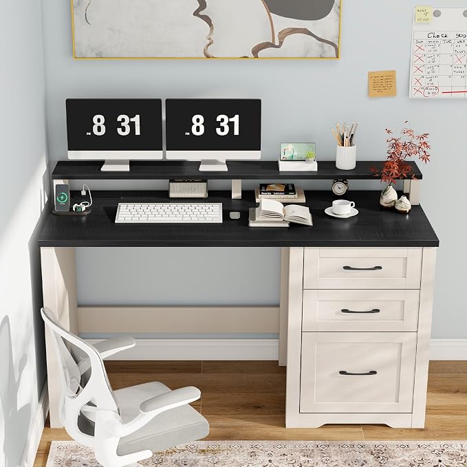 Vabches 47" Farmhouse Executive Desk with Monitor Stand & File Cabinet,3 Drawers Computer Desk with LED Lights and Power Outlets,Workstation for Home Office, Study,Writing,Black