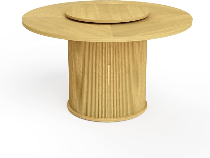 KEIKI 55" Round Dining Table for 4-6, Mid Century Modern Kitchen Table with Storage & Rotating Tabletop Tray, Wood Corner Dinner Desk for Living Room Breakfast Nook Restaurant, Easy Assembly, Natural