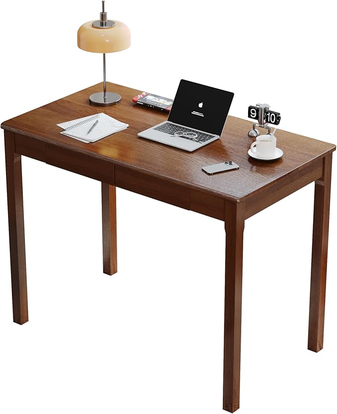 Solid Wood Desk with Drawers - 39 x 22 Inch Vintage Desks, Mid Century Modern Desks, Rubber Wood Study Table, Writing Desk with Drawers for Bedroom|Any Spaces - Walnut Color