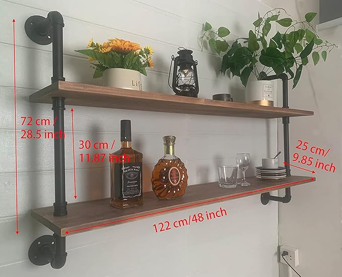 HDDFER Pipe Shelves Industrial Pipe Shelving Real Wood Industrial Floating Shelves with Wood Planks 48 inch Wall Shelves Rustic Hanging Bookshelf Farmhouse Kitchen Bar Shelving