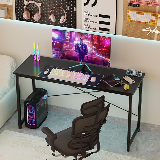 Sweetcrispy Small Computer Office Desk 40 Inch Student Study Writing Work with Metal Frame Wood Tabletop Modern Simple Home Bedroom PC Table - Black, Compact Sturdy Desk for Laptop, Study, Gaming