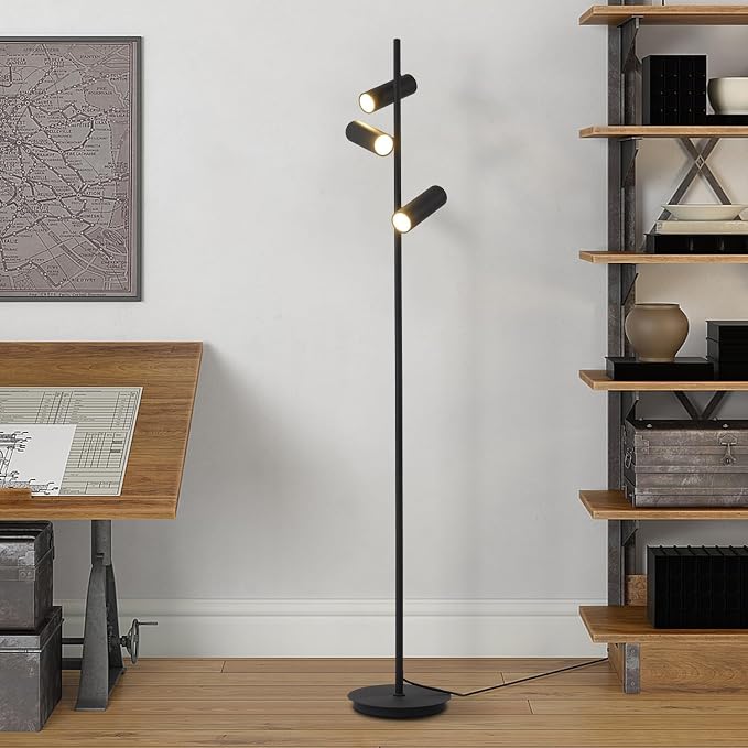 KCO Lighting Matte Black Tree Floor Lamp with 3 Adjustable Rotating Lights Mid Century Modern Bright Floor Lamps Tall Reading Lamps Floor Standing Industrial Vintage Standing Lamp