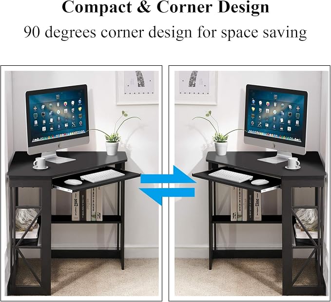 VECELO Corner Computer Desk 41 x 30 inches with Smooth Keyboard & Storage Shelves for Home Office Workstation, Black