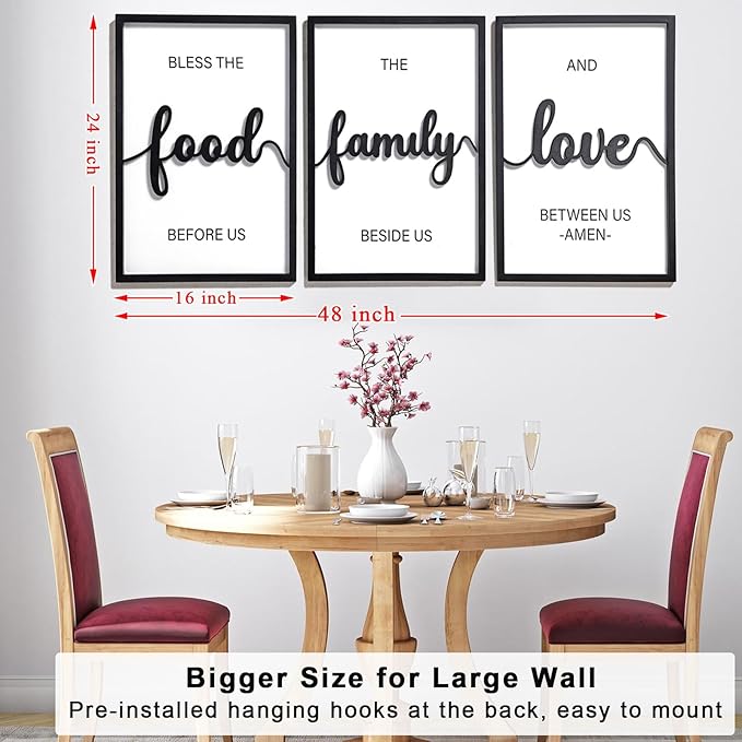 KIOSSUT 3D Wood Bless The Food Before Us Wall Decor, 48" x 24" Framed Kitchen Wall Art for Dining Room Wall Decor(Ready to Hang, 16x24 inches, Set of 3, Framed)