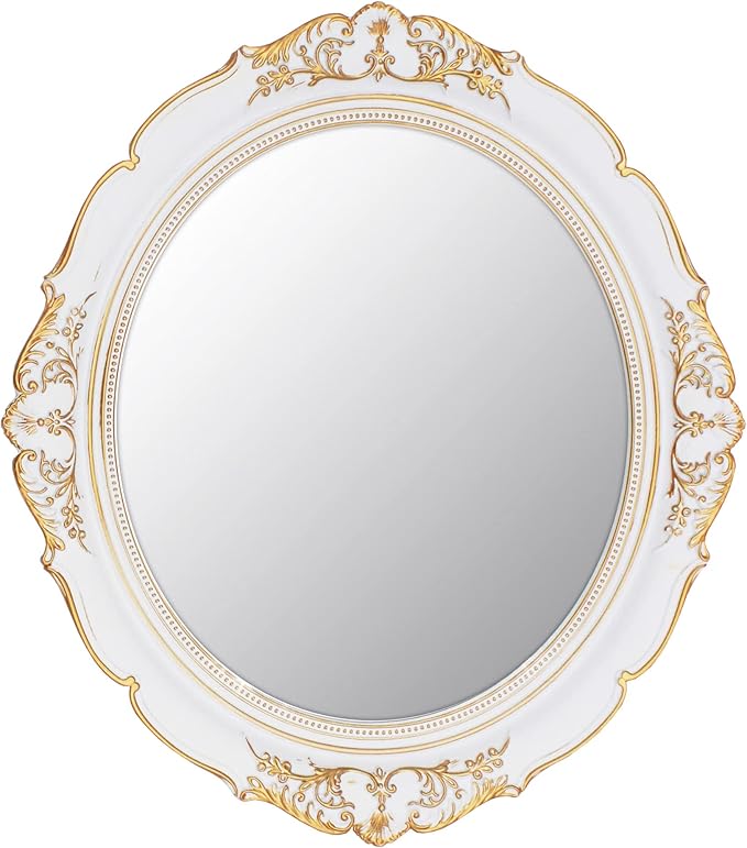 Eaoundm 13.1 x 14.8 inchs Decorative Wall Mirror,Vintage Hanging Mirrors for Bedroom Living-Room Dresser Decor Oval (White)