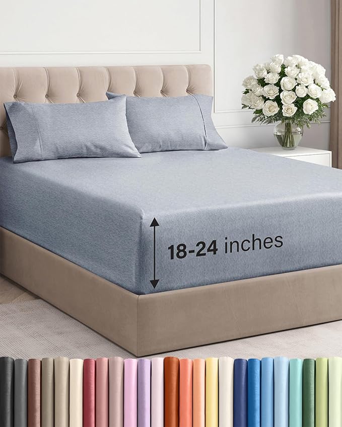 Extra Deep Twin Sheet Set - 4 Piece Breathable and Cooling Sheets - Hotel Luxury Bedding for Women, Men, Kids & Teens - Easy & Secure Fit - Soft and Wrinkle Free - Extra Deep Pockets - Heathered Blue