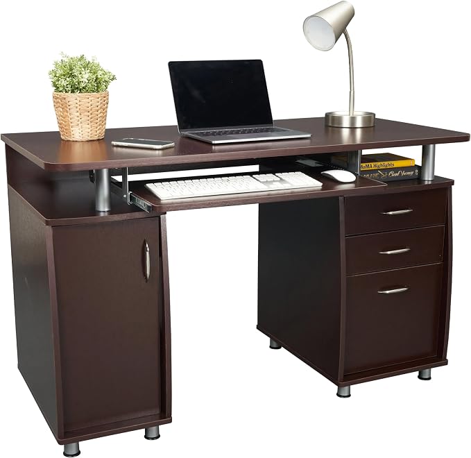Techni Mobili 48'' W Computer Desk with File Cabinet and Drawers, Storage Cabinet with Removable Shelf and Ventilation for CPU, Home Office Desk or Computer Workstation with Keyboard Tray, Chocolate