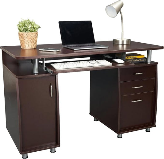 Techni Mobili 48'' W Computer Desk with File Cabinet and Drawers, Storage Cabinet with Removable Shelf and Ventilation for CPU, Home Office Desk or Computer Workstation with Keyboard Tray, Chocolate