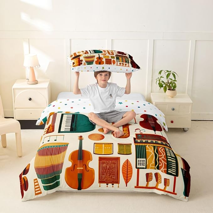 Erosebridal Retro Music Comforter Cover Twin for Kids Adults - Vintage Music Bedding Set Mid Century Musical Instruments Duvet Cover,Trendy Boho Jazz Instrument Bed Set