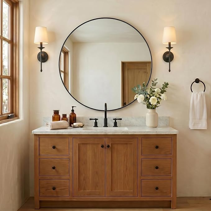 ANDY STAR Round Black Mirror for Bathroom, 40" Large Bathroom Mirrors for Over Sink, Anti-Rust Modern Wall Mirror,1 Inch Deep Set Design, Heavy Duty, 4MM HD Glass, 9MM Thicker Backboard
